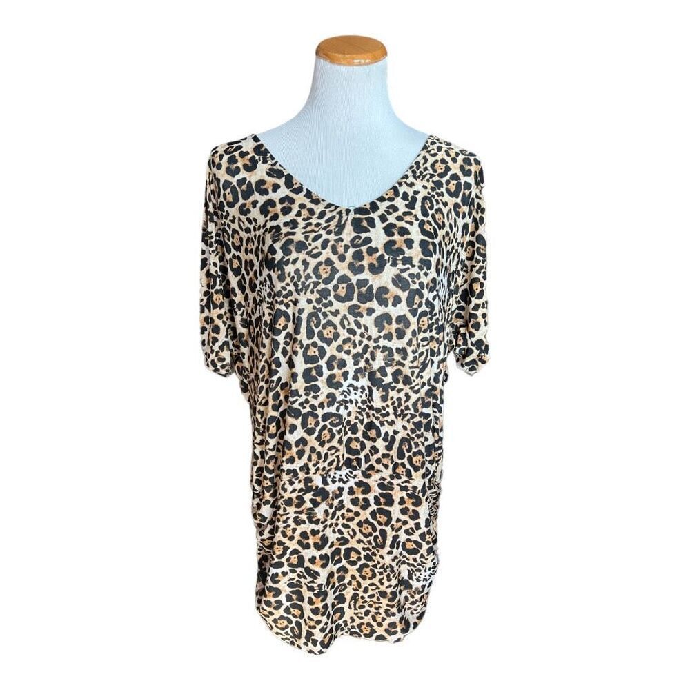 Womens Torrid Animal Print Leopard Slit Cold Shoulder Ruched Tunic Top - Sz 1X